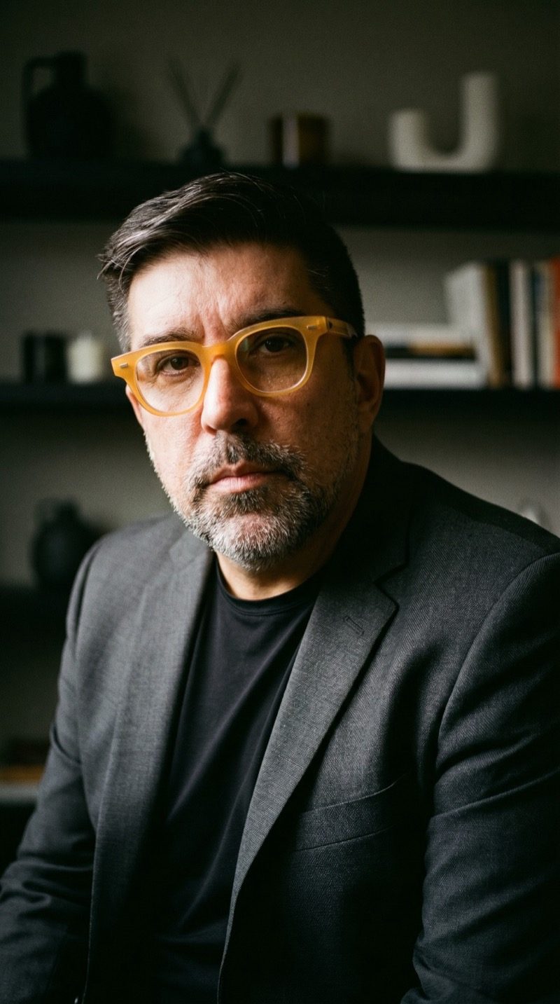 Retrato de Marcos Silveira, de óculos âmbar e blazer cinza, diante de uma estante